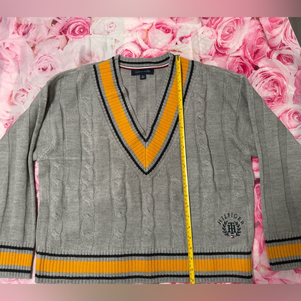Tommy Hilfiger V-Neck Sweater in Gray with Yellow  Stripes
